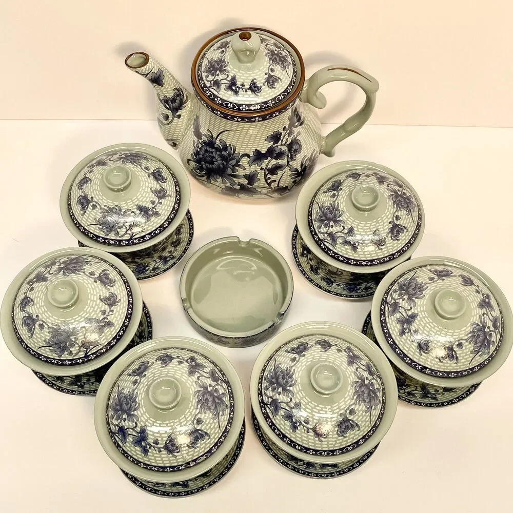 Vintage Bairuxue Art Ceramics Chinese Tea Set Blue Floral on Grey/Green-BOXED